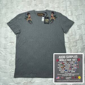 🔥NWT Akoo Double Sided Graphic World Tour 1941 WW II Gray Short Sleeve T-Shirt